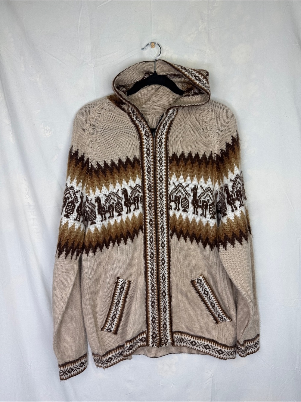 Men's Beige Hooded Zip Alpaca Wool Sweater with Brown Pattern